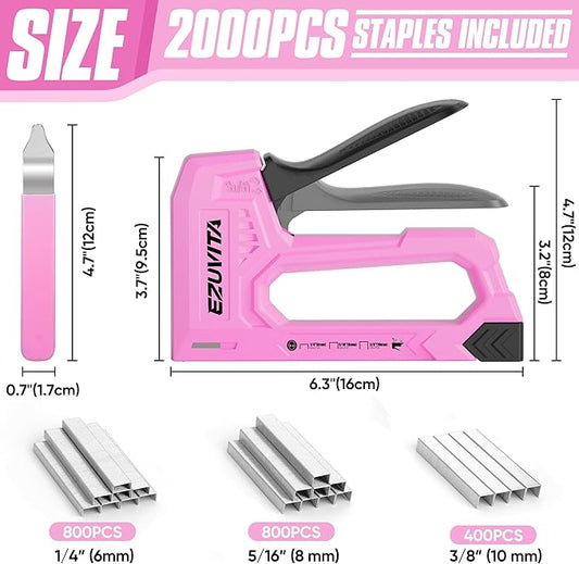 EZUVITA Light Duty Staple Gun for Wood, Pink Upholstery Staple Gun Kit with 2000pcs JT21 Staples 1/4, 5/16, 3/8 inch and Staple Remover, Stapler Gun for Crafts, DIY, Classroom, Decoration