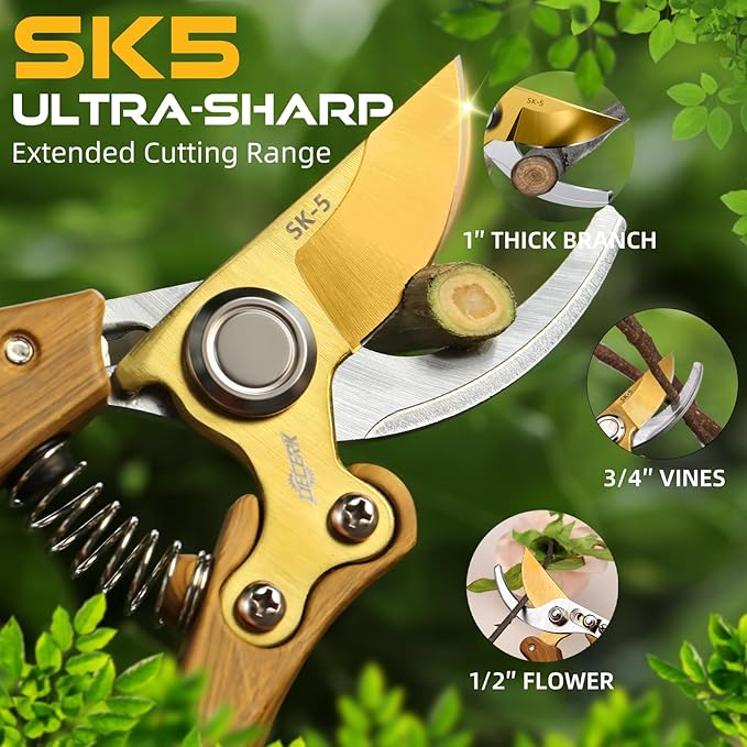 DECERK 8.5" Professional Bypass Pruning Shears ??Heavy Duty Garden Scissors & Clippers for Wood & Tree Trimming, Ultra Sharp SK5 Blade, Ergonomic Handle, Perfect Gardening Gift, 2025 Wood-Like Finish