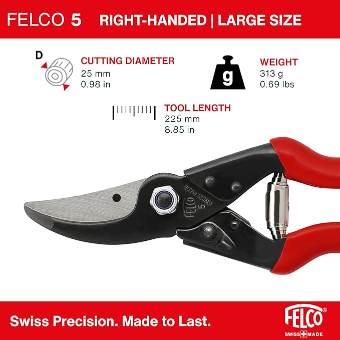 Felco F5 Pruning Shears – 8.9" Swiss-Made Garden Clippers with Revolving Handle | Hand Pruners for Gardening | Garden Tool Cutter with Precision Bypass Blade, Forged Aluminum Body, Replaceable Parts