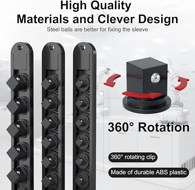FivePears 3PCS 360째 Socket Organizer Twist Lock,3/8 1/4 1/2 Socket Storage Rails, Premium Quality Socket Holders for Tool Box 竊똖ool Carts竊똂ontains up to 40 Clips (Blue, Red and Black)