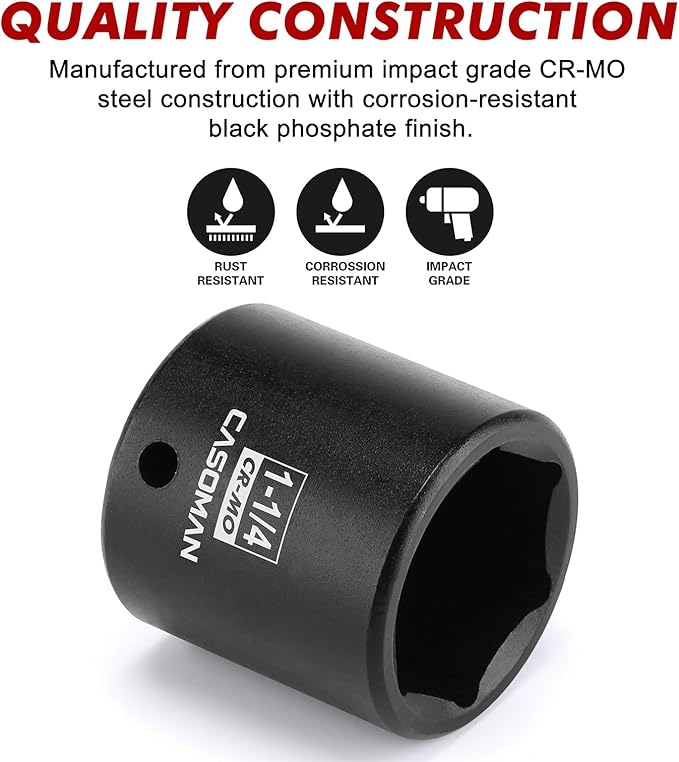 CASOMAN 1/2" Drive x 1-1/4" Impact Socket, 6-Point, SAE, CR-MO
