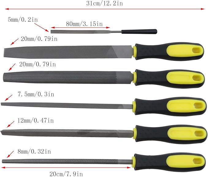 5-Piece Set 8in Length File (Flat, Triangular, Square, Round and Half-Round Files), High Carbon Steel Hand File with 1 Small File for Refining, Removing, Shaping and Scraping Projects