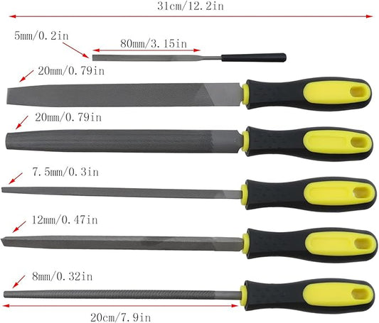 5-Piece Set 8in Length File (Flat, Triangular, Square, Round and Half-Round Files), High Carbon Steel Hand File with 1 Small File for Refining, Removing, Shaping and Scraping Projects