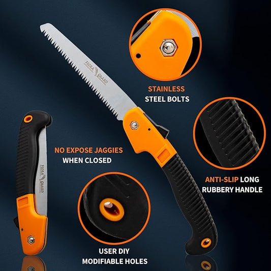 FLORA GUARD 7.7-Inch Folding Hand Saw, Pruning Saw with Trible-Cut Razor Teeth for Wood Cutting, Tree Trimming, Professional Camping Gardening Tools (Orange)