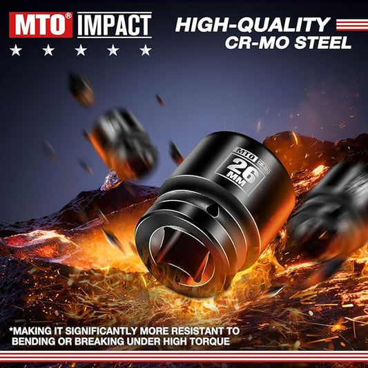 MTO 1/2" Drive 26mm Shallow Impact Socket, 6-Point Metric Socket, CR-MO Steel & Anti-Corrosion Coating for Tight Spaces and Heavy-Duty Tasks