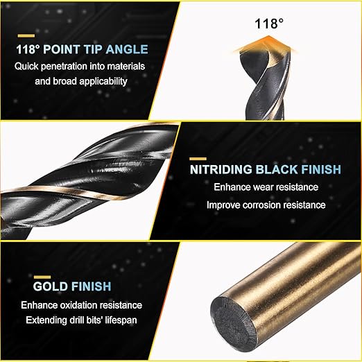 PATIKIL 10.5mm Drill Bit, Jobber Straight Shank 4341 High-Speed Steel 118째 Black and Gold Finish for Medium-Hard Metal Steel Acrylic - 1 Pack
