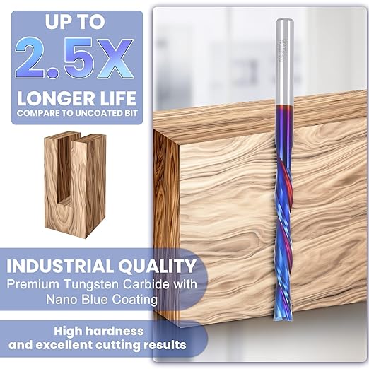 HQMaster Extra Long Spiral Router Bit Down Cut 1/4 Inch Shank Solid Carbide CNC Router Bit with Nano Blue Coating CNC Bits End Mill for Woodwork Mortise Slot Trim