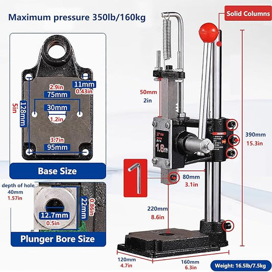 Maximum Height 19.6in/500mm, 640kg Heavy Duty Arbor Press, Manual Leather Embosser, Bench Top Perforator, Hand Trigger Press Cast Iron, for Mounting, Removing or Compressing Workpieces(160kg)