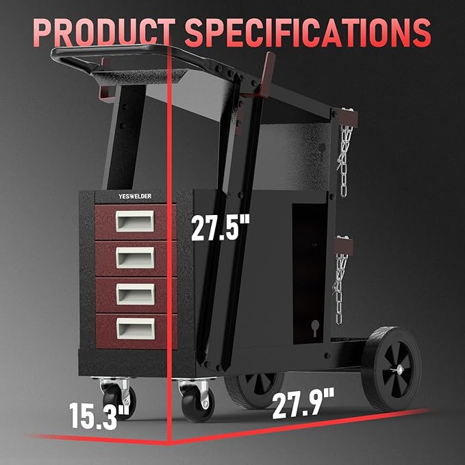 YESWELDER Welding Cart with 4 Drawers for MIG Welder TIG Welder and Plasma Cutter, Black&Red Version Heavy Duty Large Storage 360째 Rolling Welding Trolley