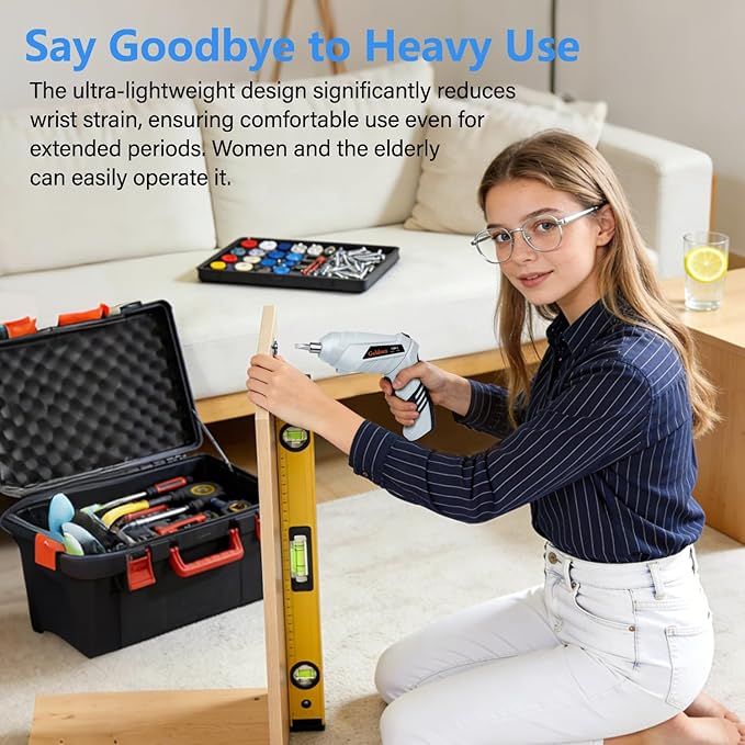 Electric Screwdriver Cordless, Goldsea 4.2V 3.5N.m 1500mAh Battery Rechargeable via Type-c, 1/4" 10pcs Magnetic Bits, Hex Chuck, 90째 to 180째 Adjustable Handle, LED Light for Home DIY & Repairs-Gray
