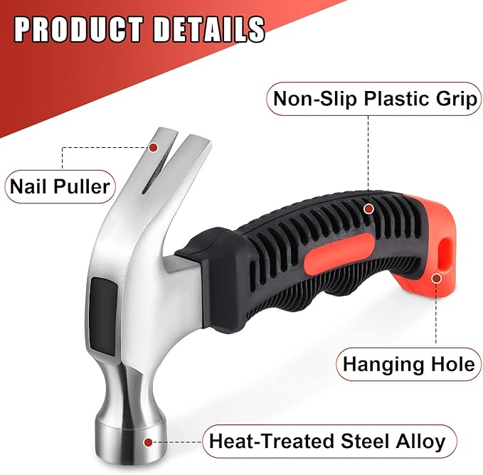 8 Pieces Small Hammer 12 Ounce Mini Hammer for Kids Women Men, Lightweight Melt Claw Hammers Bulk with Hardware Nails for Hanging Pictures Crafts Tent Kit (Orange and Black)