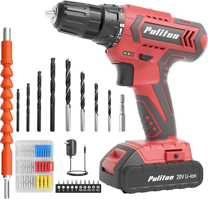 PULITUO Cordless Drill Set, 20V Electric Power Drill with Battery And Charger, 30N.m and 21+1 Torque, 2 Variable Speeds, with 59pcs Drill Driver Bits Kit, Screws Set竊?Red)