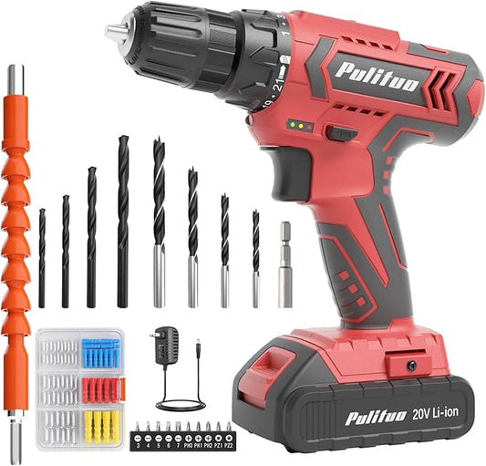PULITUO Cordless Drill Set, 20V Electric Power Drill with Battery And Charger, 30N.m and 21+1 Torque, 2 Variable Speeds, with 59pcs Drill Driver Bits Kit, Screws Set竊?Red)