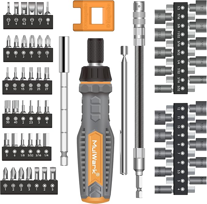 MulWark 63PC Magnetic Ratcheting Screwdriver Bit Set ??Multibit Screw Driver with Screwdriver Bits Slotted, Torx, Hex, Pozi, Philips, Square; Nut Driver Set for SAE and Metric ??Christmas Gift