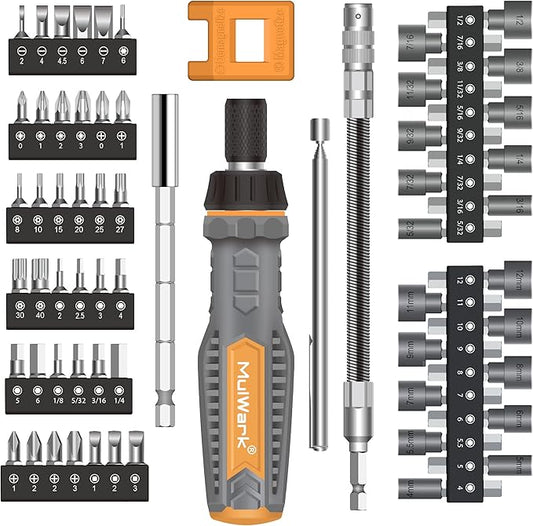 MulWark 63PC Magnetic Ratcheting Screwdriver Bit Set ??Multibit Screw Driver with Screwdriver Bits Slotted, Torx, Hex, Pozi, Philips, Square; Nut Driver Set for SAE and Metric ??Christmas Gift