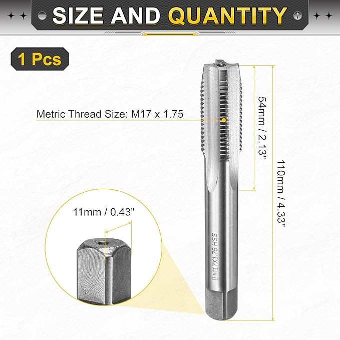 uxcell Hand Plug Tap M17 x 1.75 H2 Metric Thread Plug Style Taps Straight Flute Screw Tapping Threading Tool High Speed Steel HSS6542