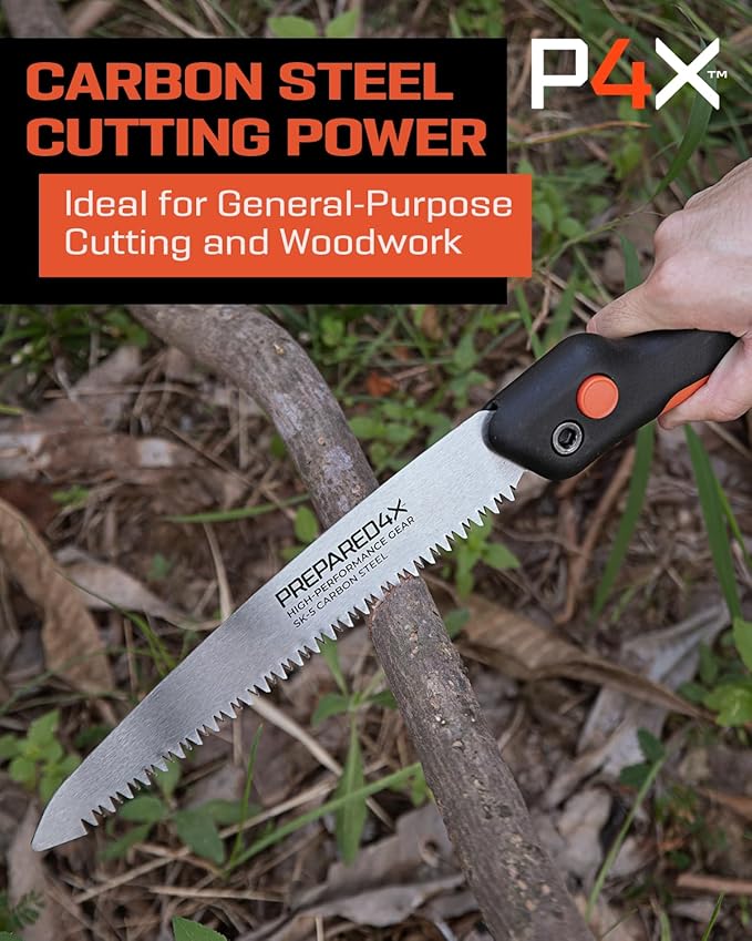 Prepared4X Folding Saw - 8.5" Camping Saw for wood cutting -Heavy Duty, Lightweight SK-5 Steel Blade with Safety Lock, Ergonomic Non-Slip Grip