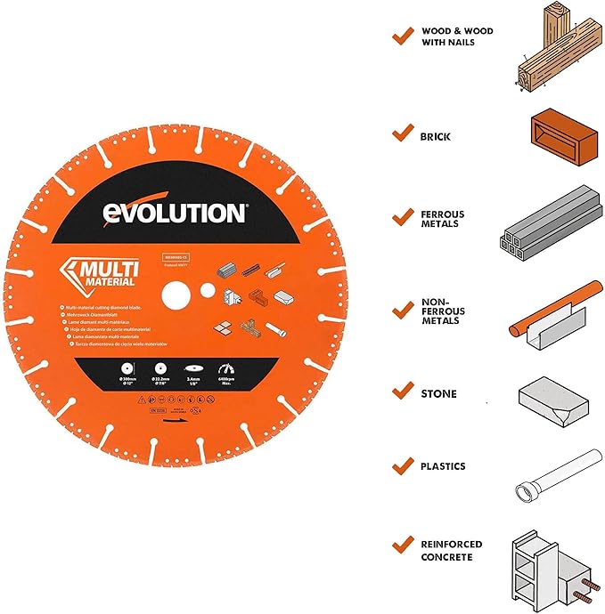 Evolution Power Tools Multi-Purpose Diamond Blade 12-Inch For Disc Cutter, Concrete Saw | 1 Inch Arbor | Metal Cutting Diamond Blade | Segmented Edge, For Metals, Reinforced Concrete, Bricks, Plastics