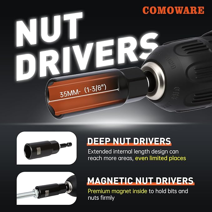 COMOWARE Magnetic Impact Nut Driver Set, 55Pcs Deep Nut Driver Set, Metric/SAE Sockets, Bit Extension, 1/4'' Quick Change, Cr-V Steel for Automotive & Industrial Use