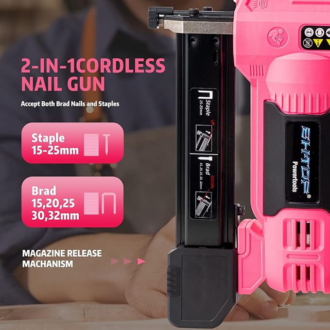 BHTOP 20V Cordless Brad Nailer竊냆tapler, 18 Gauge 2 in 1 Stapler Kit, Heavy Finish Nail Gun with 2.0A Rechargeable Battery, Charger, 2500 Brad Nails and 500 Staples in Pink