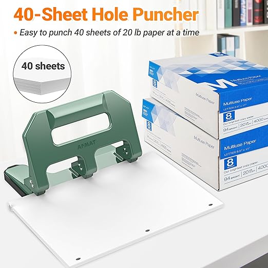 AFMAT Heavy Duty 3 Hole Punch, 3 Hole Puncher for Binder, 40-Sheet Three Hole Punch w/ 10000+ Uses, Metal Hole Puncher 3 Ring, 50% Reduced Effort, 9/32inch Hole, Bulit-in S.S. Paper Guide HPX1(Green)