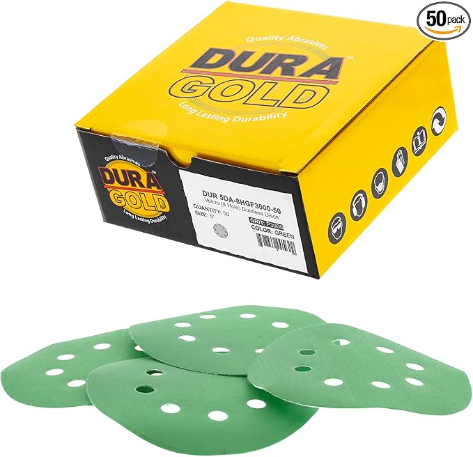 Dura-Gold Premium 3000 Grit 5" Green Film Sandpaper Discs, 8 Hole Pattern Dustless, 50 Discs - Hook & Loop Backing for Orbital DA Sander, Detailing Finishing Color Sanding Automotive Paint Woodworking