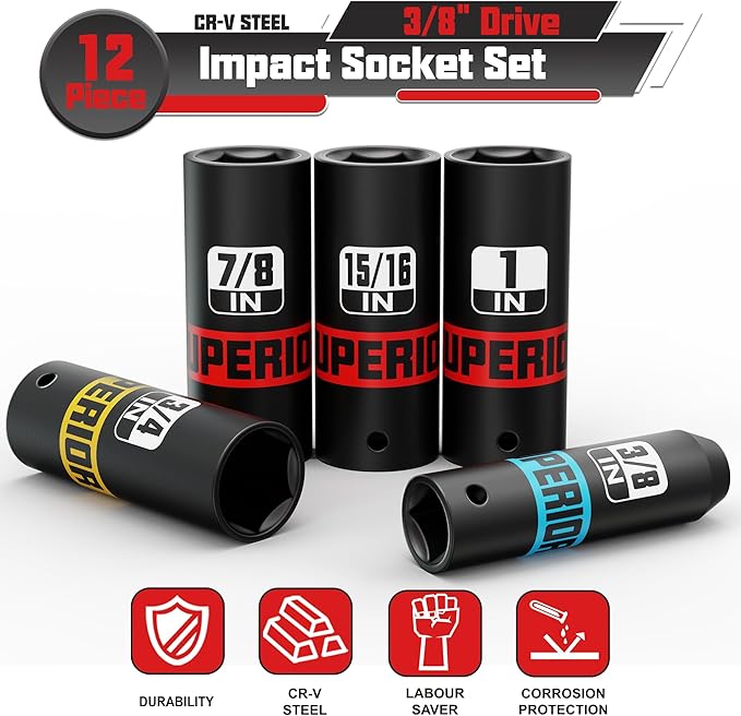 12 Piece 3/8" Drive Impact Socket Set, 5/16??to 1??Deep Socket, SAE, 6 Point, CR-V, Automotive Motorcycle and Bicycle Maintenance, Machinery Manufacturing