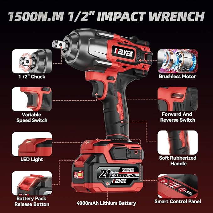 Cordless Impact Wrench 1107Ft-lbs(1500N.m), Brushless High Torque 1/2 Impact Gun with 21V 2x4.0Ah Battery, 3-Mode Speed, Electric Impact Driver with 4 Socket for Home Car Pickup Truck RV Mower