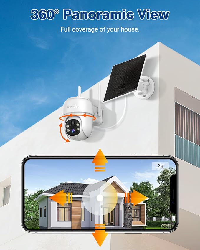 Septekon 360째PTZ Security Cameras Wireless Outdoor 2 Pack, 2K Solar Battery Powered Cameras, 2.4G WiFi Camera with Spotlight, Motion Detection, Siren, Color Night Vision, IP66, White