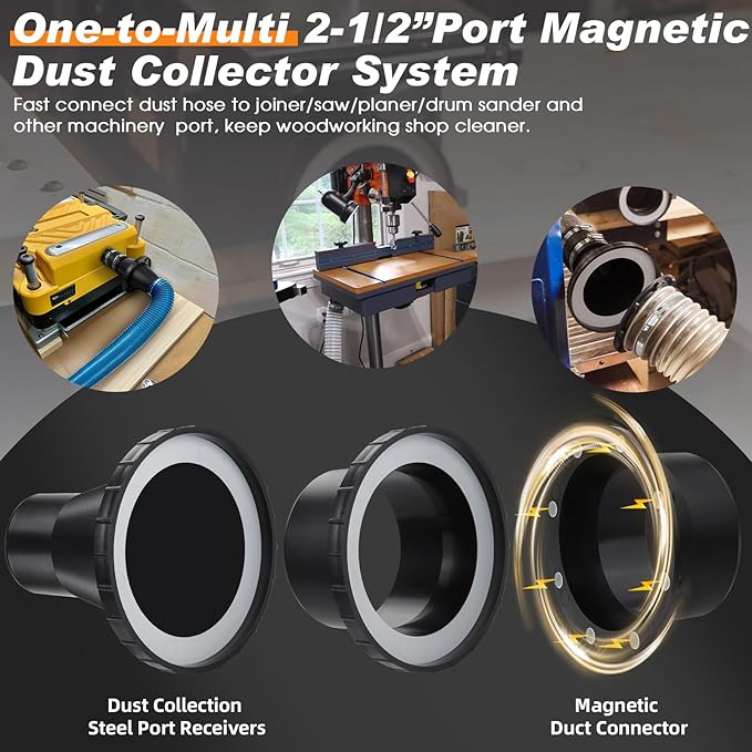 4" Magnetic Dust Collection Fittings for Dust Collectors Woodwork Shop Vacuum Hose,One-to-Multi Magnetic Dust Collector System w/1PK Mag Port Connector+5Set 4??2.5??Couplers,Quick Hose to Drum Jointer
