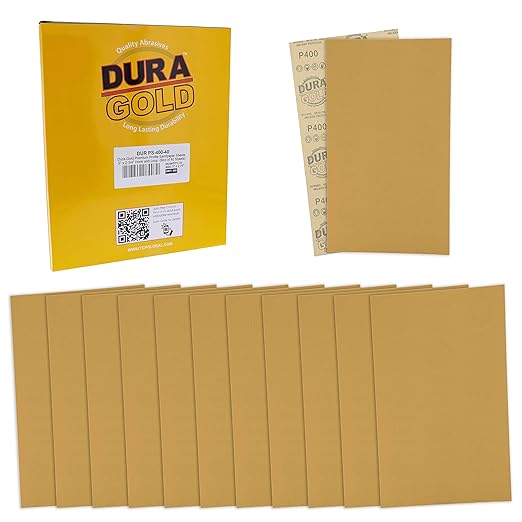 Dura-Gold Premium 5" x 2.75" Gold Sandpaper Sheets, 400 Grit (Box of 40) - Hook & Loop Backing, Wood Furniture Woodworking, Auto Paint - for Palm Sanders, Clip-On, Hand Sanding Blocks