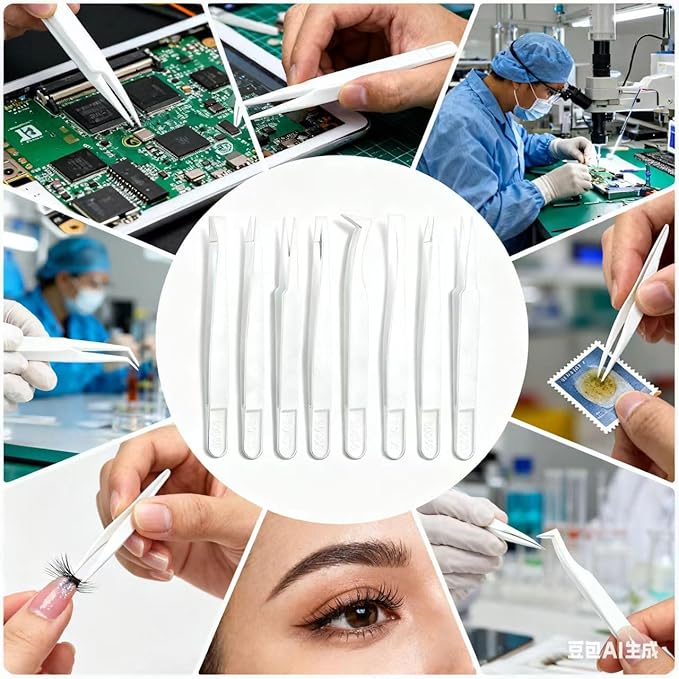 40Pcs（5set） ESD Plastic Tweezers Set Precision Tweezers Set ，Non-magnetic and Anti-Static Carbon fiber Tweezer Kits，for Craft,Electronics Repair,jewelry,Laboratory Work,And Used Etc（White）
