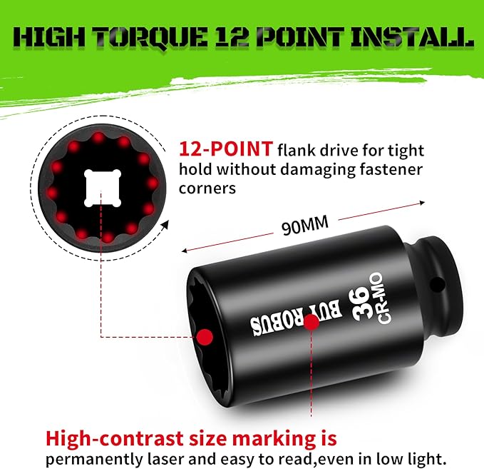 1/2 Drive Deep Axle Nut Impact Socket Set,12 Point Socket Set Metric, CR-MO, 30mm, 32mm, 34mm, 36mm, 4-Piece 1/2" Heavy Duty Socket Set (12 point can also be used at 6 point)