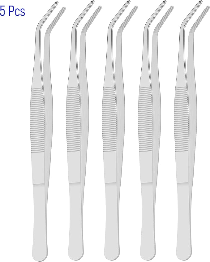 5 PCS 5.5 Inch Stainless Steel Tweezers, Curved Round Blunt Serrated Tip, Perfectly Aligned, 3/64 Inch Thickness Stainless Steel, Multipurpose Daily Garden Home Lab Craft Repairing Tool