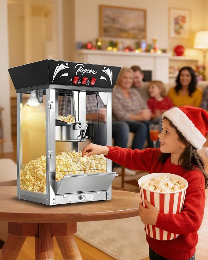 12 Oz Commercial Popcorn Machine, 850 W, Movie Theater Popcorn Machine, Black Tabletop Pop corn Machine with 3-Switch Control & Steel Frame Tempered Glass Doors for Home Theater
