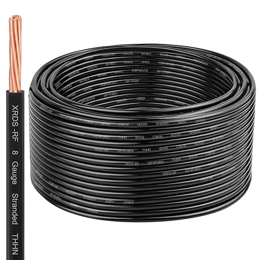 XRDS-RF THHN Wire 100FT, 8AWG Stranded Copper THHN Electrical Wire, Black Nylon-Coated Thermoplastic Insulated Cable for Indoor Conduit Wiring, 600V Rated