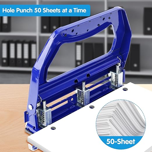 AFMAT 3 Hole Punch Heavy Duty, 9/32" Holes, 50-Sheet Hole Puncher 3 Ring, 50% Reduced Effort, Adjustable Two & Three Hole Punch, Metal Paper Puncher w/Large Chip Tray, Metal Paper Guide, Blue, HP18