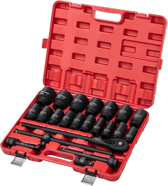 3/4" Impact Socket Set, 22PCS 6-Point SAE Sizes (3/4" to 2"), Cr-Mo Steel Set with Adapters, Quick Release Ratchet Wrench, Andextension Rod & Durable Storage Case