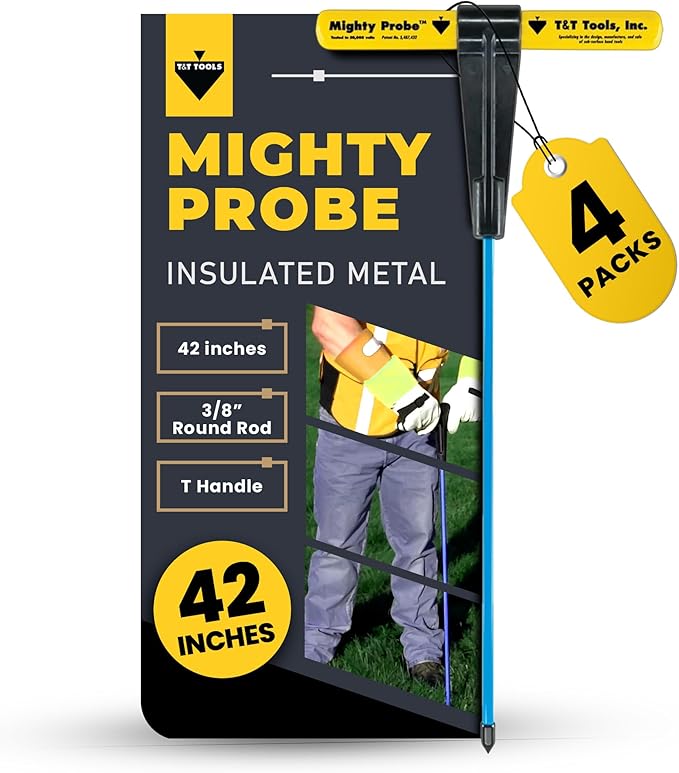 T&T Tools 42-Inch Mighty Probe Insulated Metal Soil Probe ??3/8" Metal Round Rod, Heavy Duty Design for Easy Penetration & Withdrawal, Soil Testing & Landscaping Tools, T-Handle, USA-Made-4 Pack