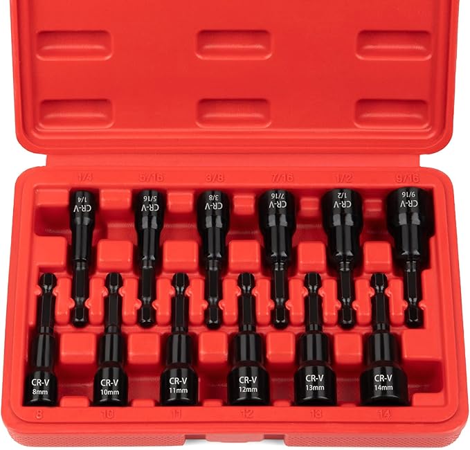 12-Piece Magnetic Nut Driver Set, Premium CR-V Steel Impact Power Hex Nut Driver Drill Bit Master Kit with Case, SAE(1/4"-9/16") & Metric(8mm-14mm) Size, 1/4??Quick Install & Release