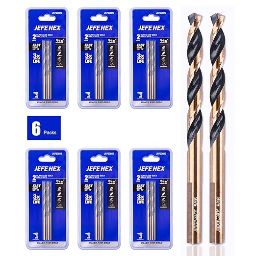 JEFE HEX 12 Pcs 5/16 Inch (Pack of 2, 6 Pack, Total 12) High Speed Steel with 3-Flat Shanks, Black & Gold Finished, Jobber Length Twist Drill Bit, 135 Degree Split Point