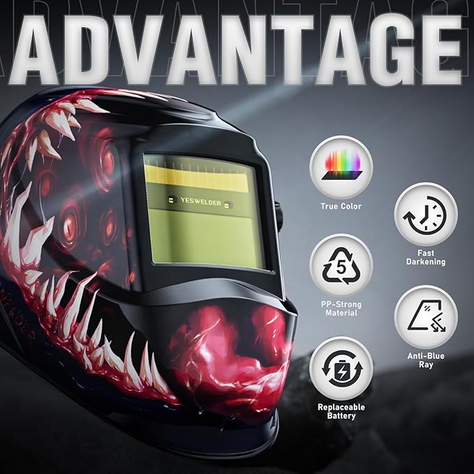 YESWELDER Auto Darkening Welding Helmet, Blue Light Blocking, 1/1/1/1 True Color Solar Powered Welding Hood with 2 Arc Sensors, Wide Shade 3.5/9-13 Welder Mask for TIG MIG ARC and Grind
