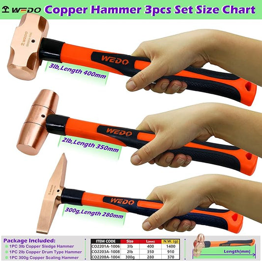 WEDO 3PCS Copper Hammer Set with Fiberglass Handle,3lb Sledge Hammer,2lb Drum Type Hammer,300g Scaling Hammer,Die-Forge,Corrosion Resistant