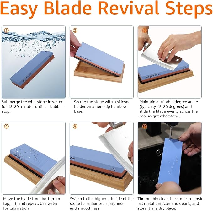 Amazon Basics Whetstone Knife Sharpening Wet Stone Dual Sided 400/1000 Grit with Non-Slip 1 Pc, Bamboo Base, Black & Grey