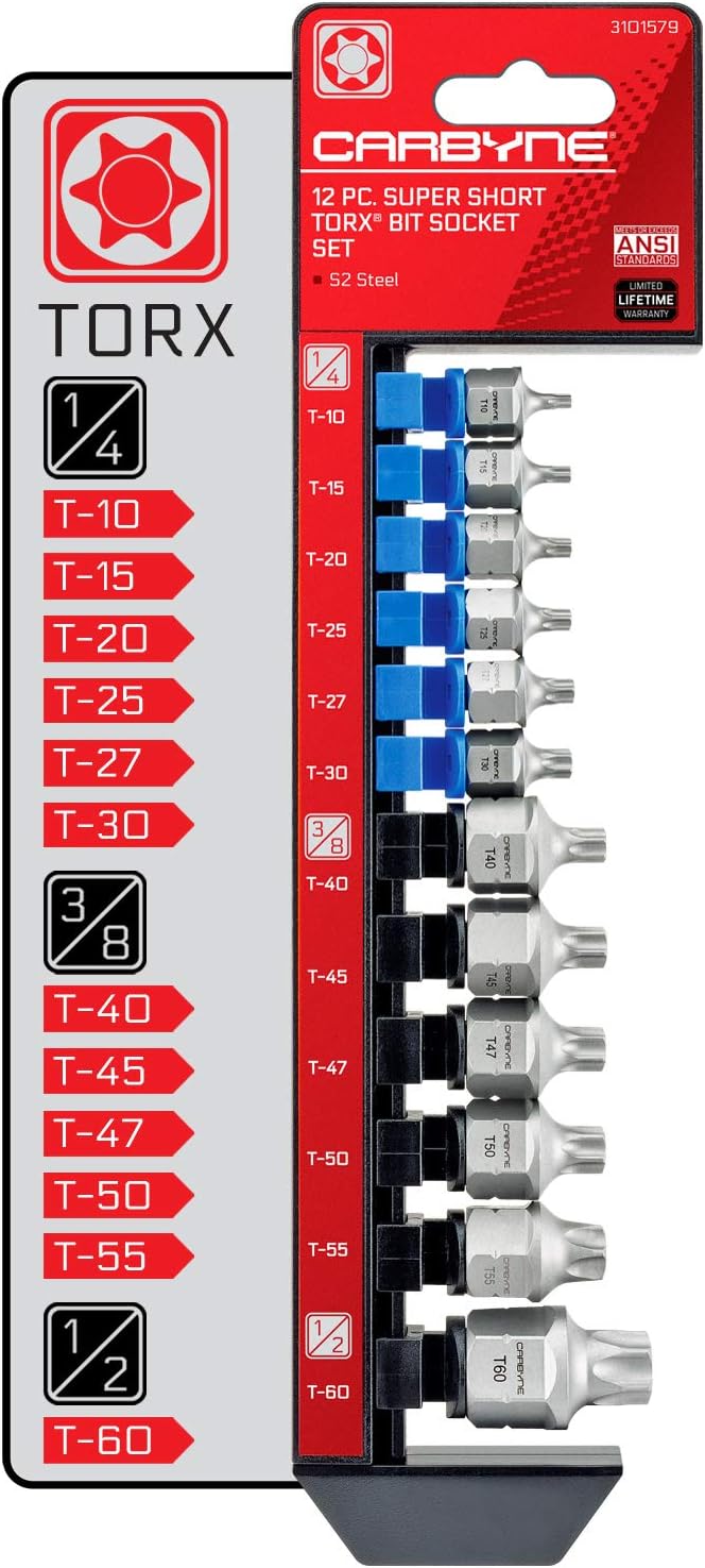 CARBYNE 12-Piece Torx Super Short Low Profile Bit Socket Set | T10 to T60 Sizes, Dual-Drive: Internal Square Drive & External Hex Drive ??From a Family-Run Tool Company in the U.S.