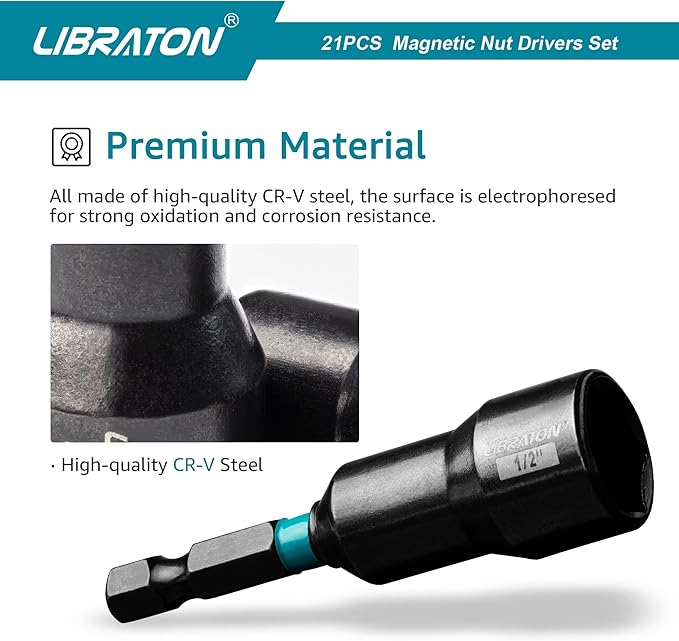 Libraton 21PCS Magnetic Nut Driver Set, Impact Drill Driver Bit Set 1/4", Metric and SAE Nut Driver, Impact Socket Adapters, Bit Holder, Quick-Release Extensions with Storage Bag