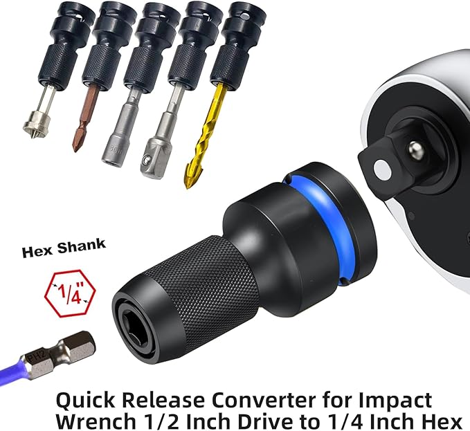 Gerywolf 3 pcs Impact Driver Bit Adapter Set, 1/2, 3/8, and 1/4" Female Drive to 1/4" Hex Socket Adapters, Impact Wrench Adapter for Ratchet Wrench Drives, Impact Bit Chuck, Quick-Change Chuck