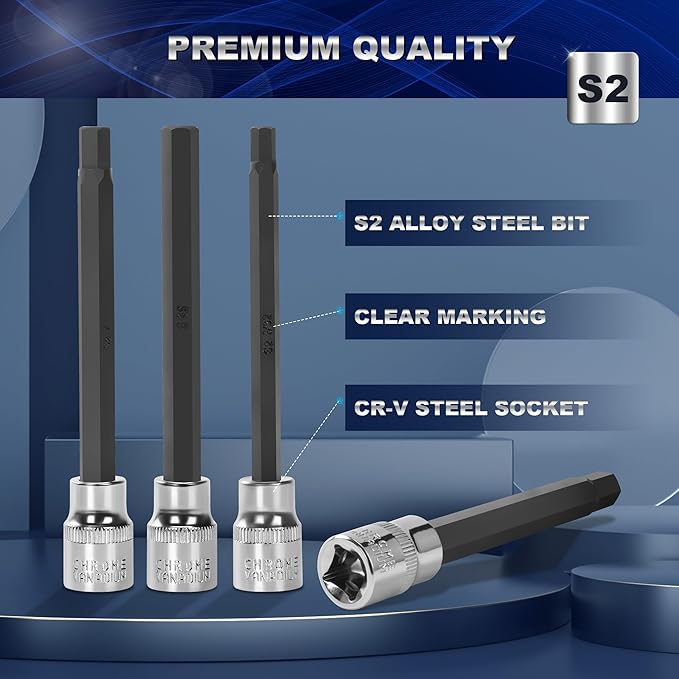 19-Piece 3/8 Inch Drive Extra Long Allen Hex Bit Socket Set, Standard SAE (1/8" - 3/8") & Metric(3mm-12mm)