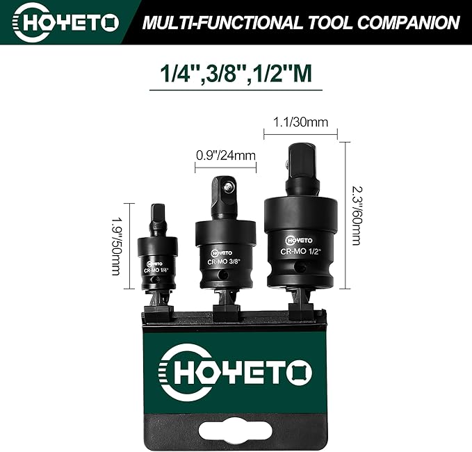 Impact Universal Joint Socket Swivel Set, 3-Piece, 1/4" 3/8" 1/2" Socket Adapter Set, Cr-Mo Steel, Radius Corner Design, Flexible Swivel Socket Set
