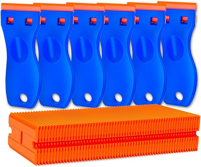 Plastic Razor Blade Scraper Tool, 6 Pcs Razor Scraper with 60 Pcs Plastic Blades, Cleaning Scraper Remover for Removal Floor Stove Scraping Labels and Decals Sticker on Car Window Glass